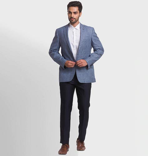 Men Blue Checked Single-Breasted Formal Linen Blazer